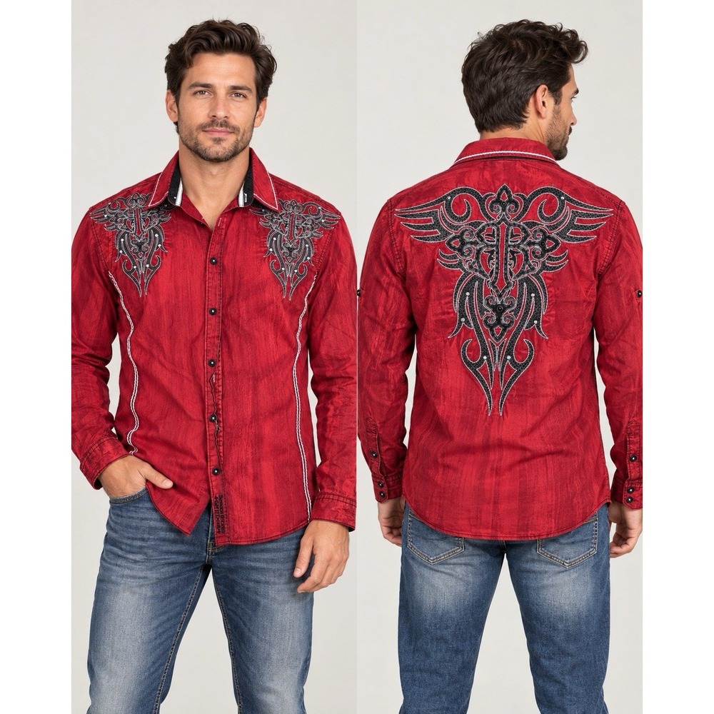 Y2K Roar Signature Edition Men's M Red Embroidered Studded Cross Button Shirt